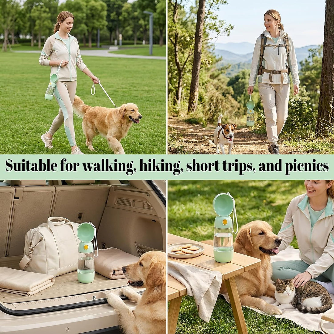 Portable Dog Water Bottle with Food Container 2 in 1(13.5oz Green)