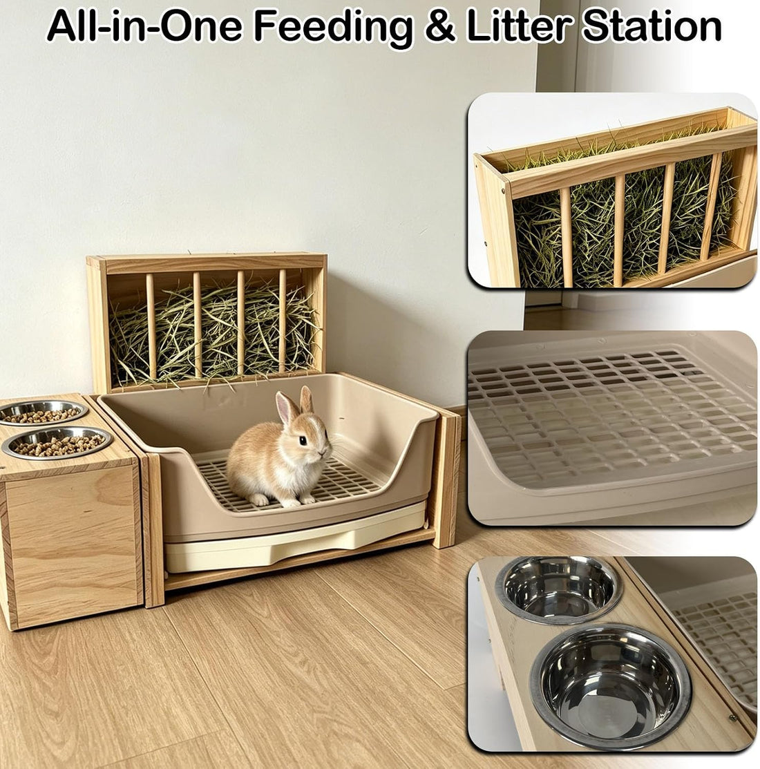 3-in-1 Large Rabbit Hay Feeder with Drawer Litter Box