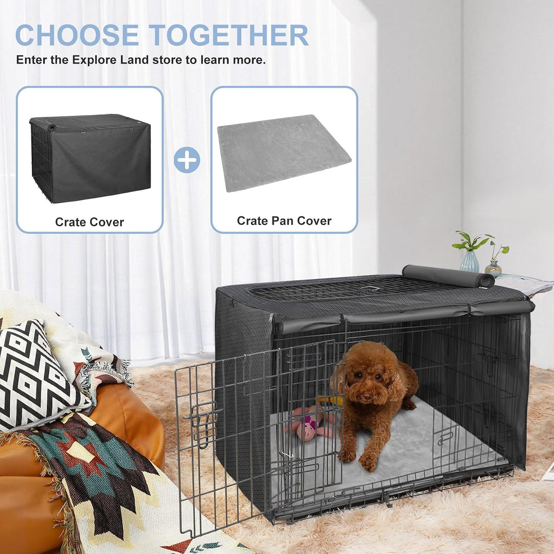 Explore Land Dog Crate Pan Cover with Fluffy Top and Waterproof TPU