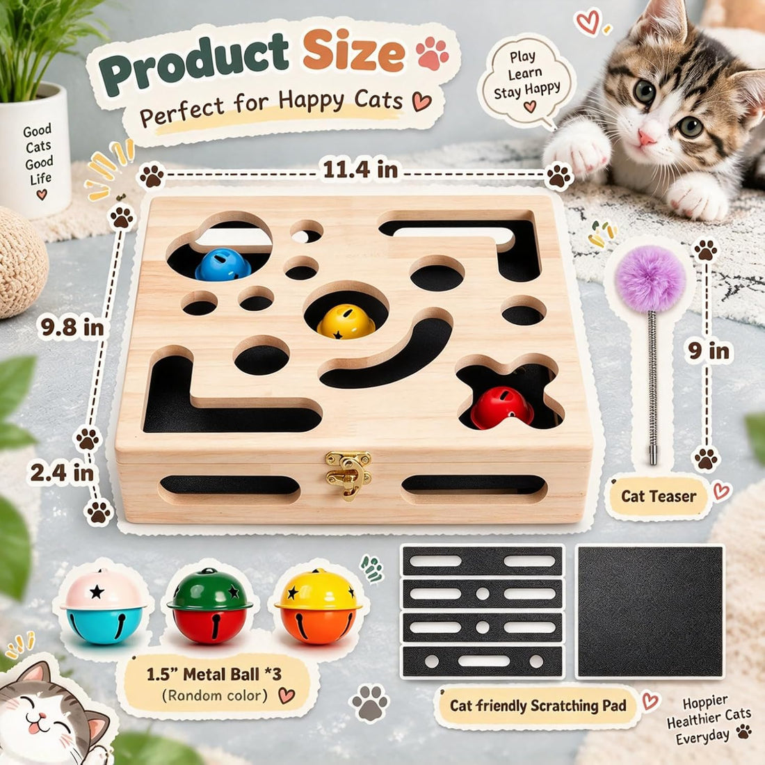 Cat Nail File Enrichment Box, Wood Puzzle Scratcher Toy with Sandpaper