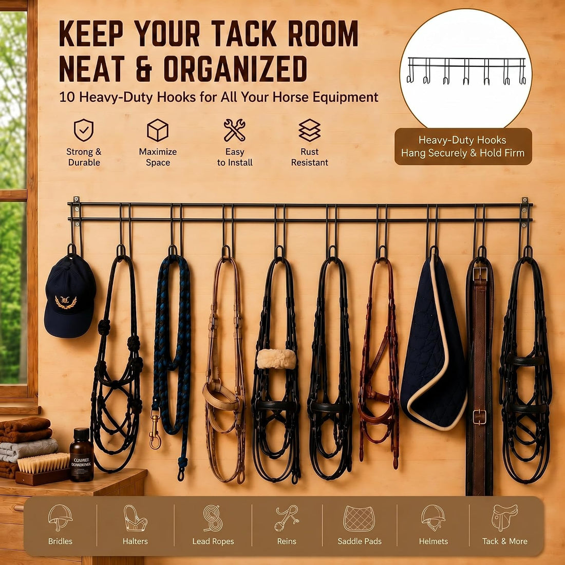 Yaocom 10 Hook 2 Pcs Bridle Hooks Tack Room Metal Wall Hangers Rack