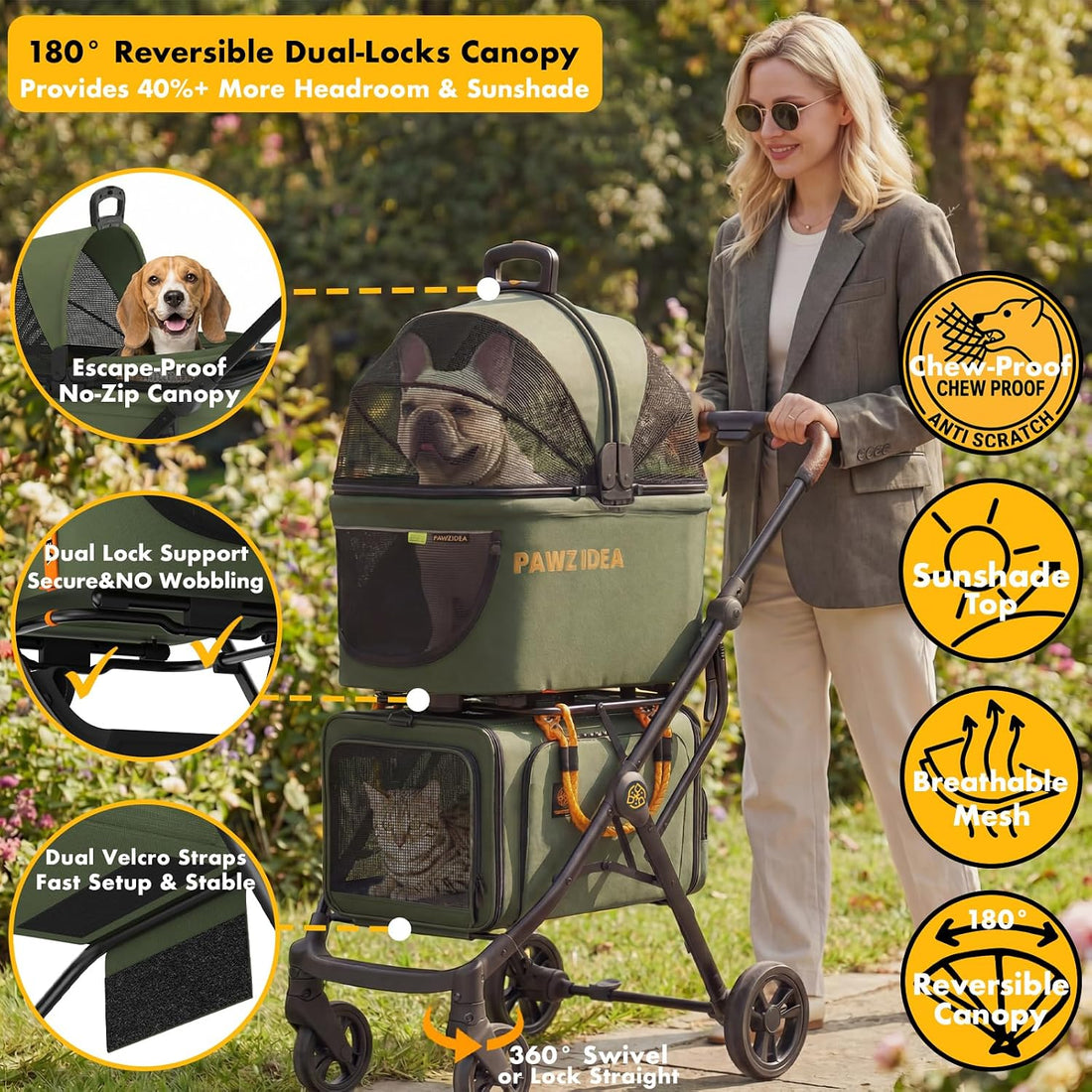 PAWZIDEA Double Pet Stroller with 2 Detachable Carrier for Multiple