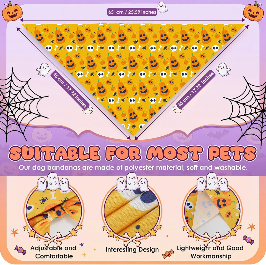 50 Pcs Halloween Dog Bandanas Bulk, Pumpkin Ghost Bat Skull Pattern