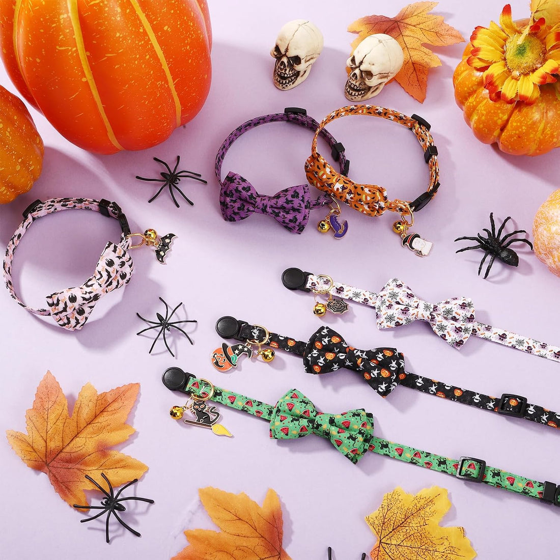 6 Pack Halloween Cat Collar with Bow Tie and Bell Breakaway Cat