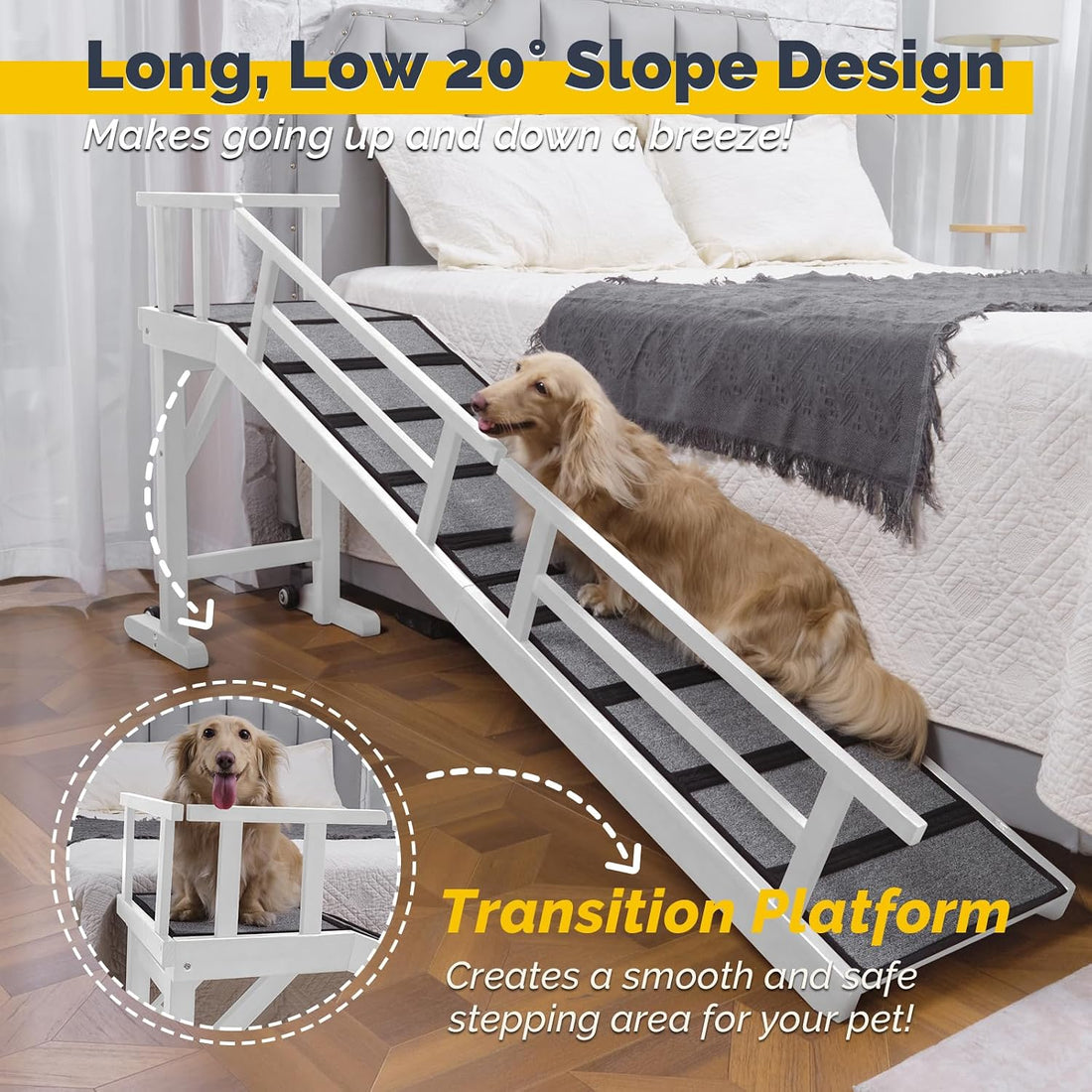 Dog Ramp for Bed or Couch, Wooden Pet Ramp with 20° Gentle Slope