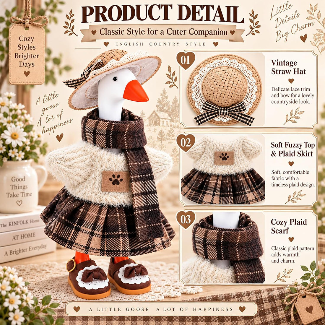 7inch Desk Goose Outfits, Mini Desktop Goose Clothes with Straw Hat