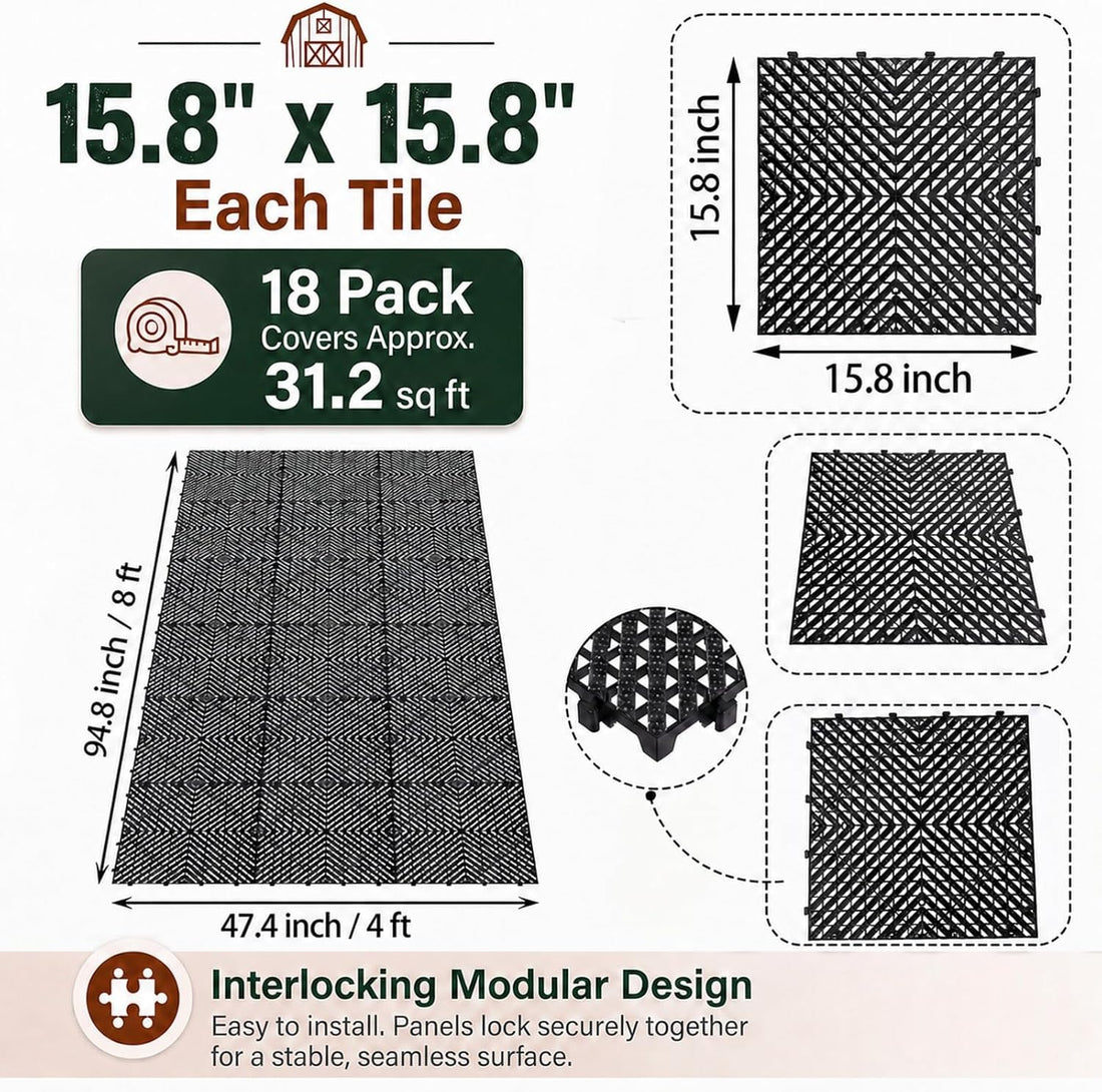 18 Pcs Horse Stall Mats 4 x 8 ft Plastic Stable Mat Interlocking