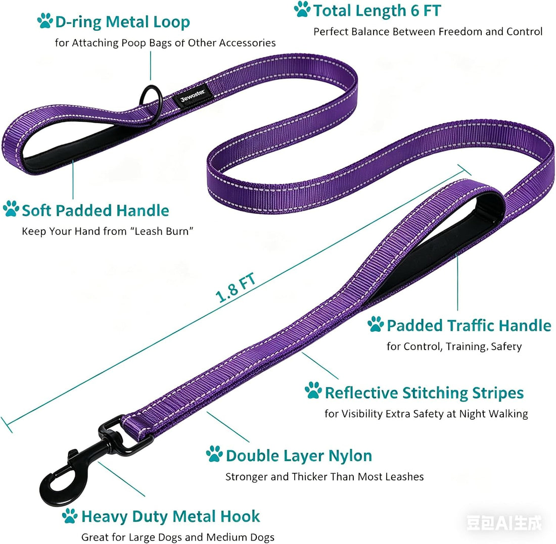 Heavy Duty Dog Leash - 2 Handles by Padded Traffic Handle for Extra