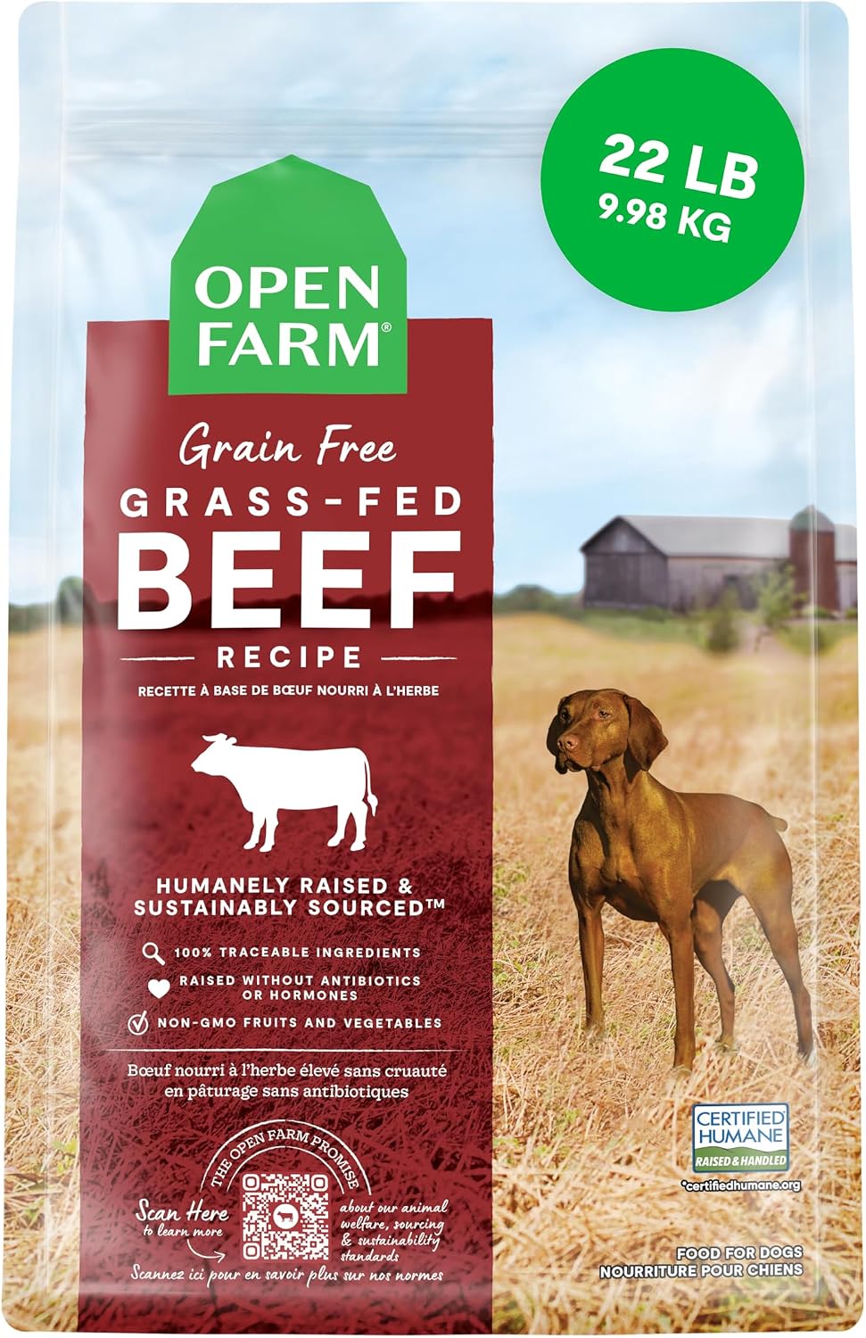 Open Farm Grain Free Dry Dog Food, Grass-Fed Beef Kibble, 22lb Bag