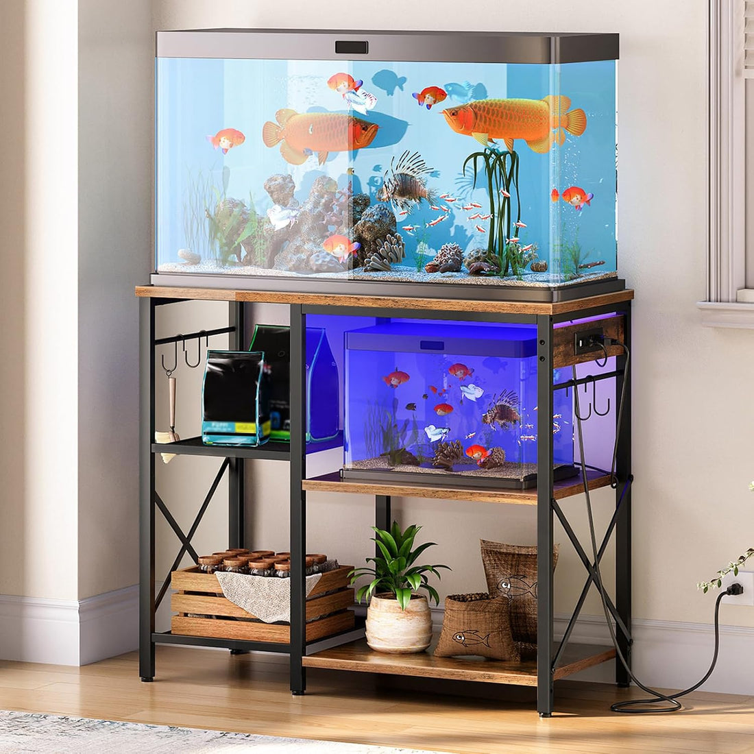 HOOBRO Fish Tank Stand with Power Outlet and LED Light, Aquarium Stand