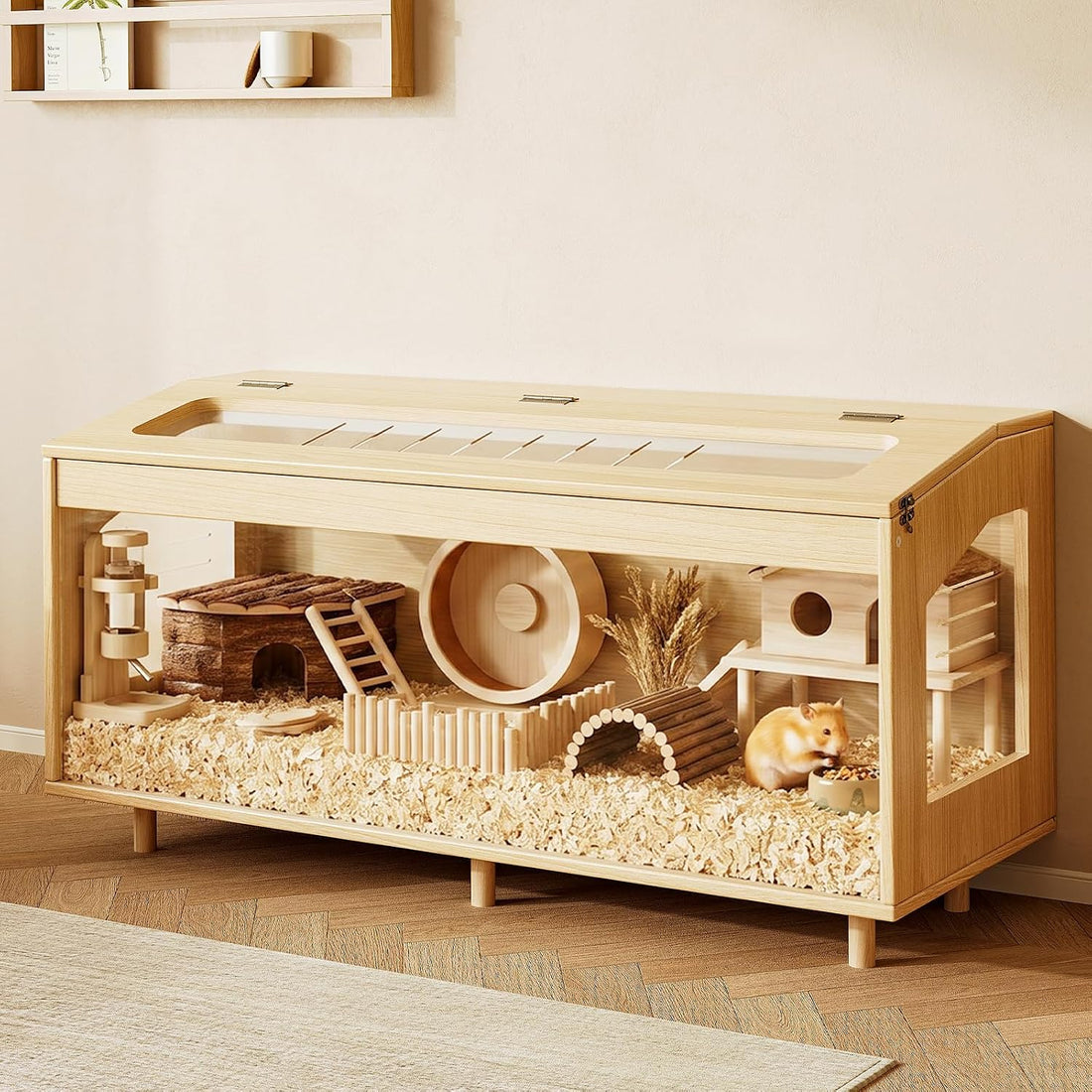 Wooden Hamster Cage with Acrylic Board Base, 39.4"