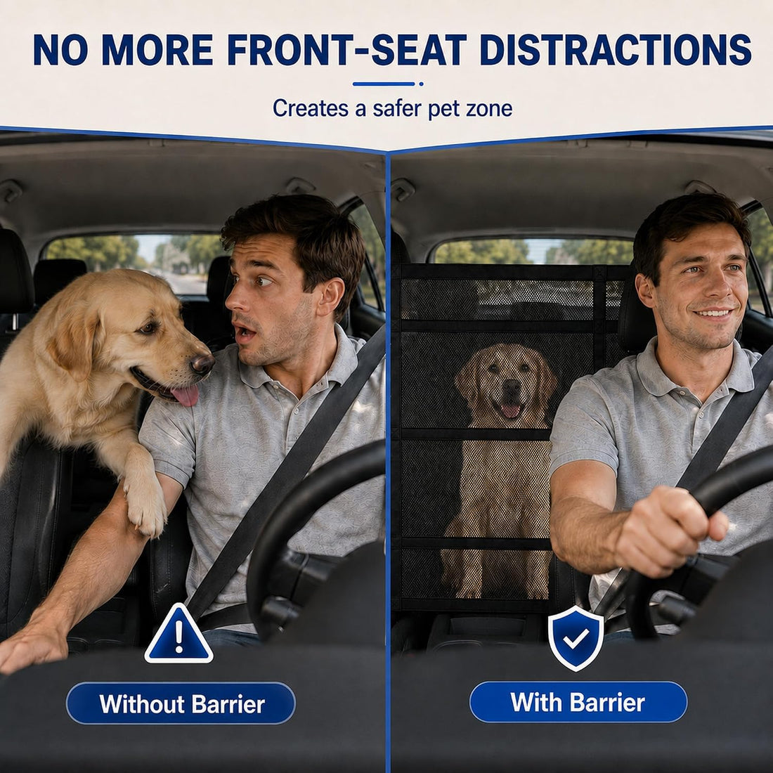 Car Dog Barrier with Hook and Loop Fastener Dual Zipper for Car SUV
