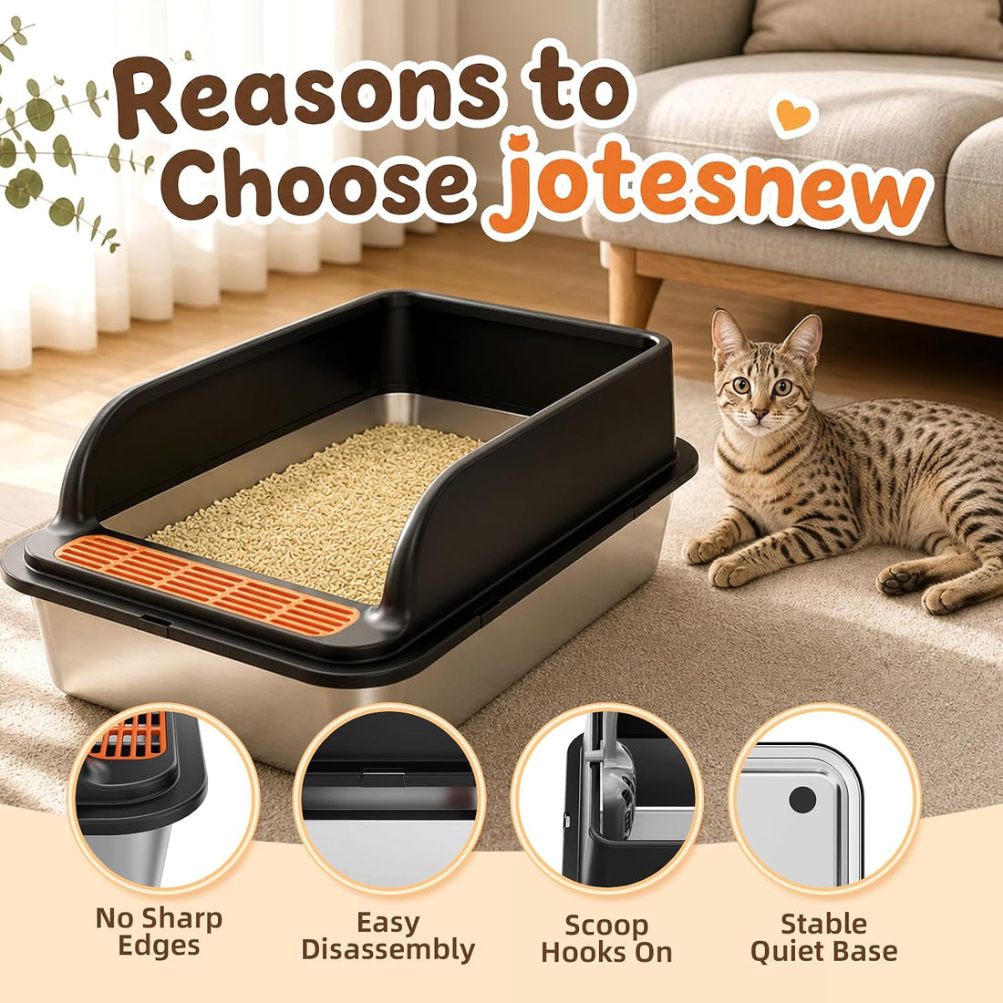 Jotesnew Small Stainless Steel Cat Litter Box with Scoop