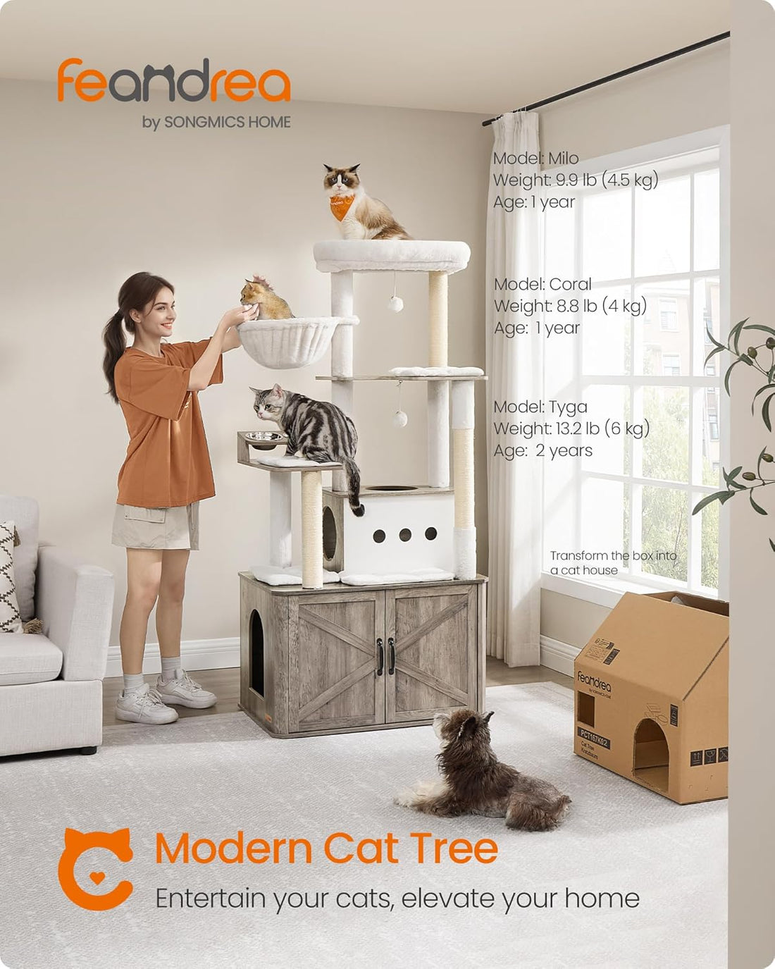 Feandrea Cat Tree, 66.9-Inch Cat Tower with Litter Box Enclosure