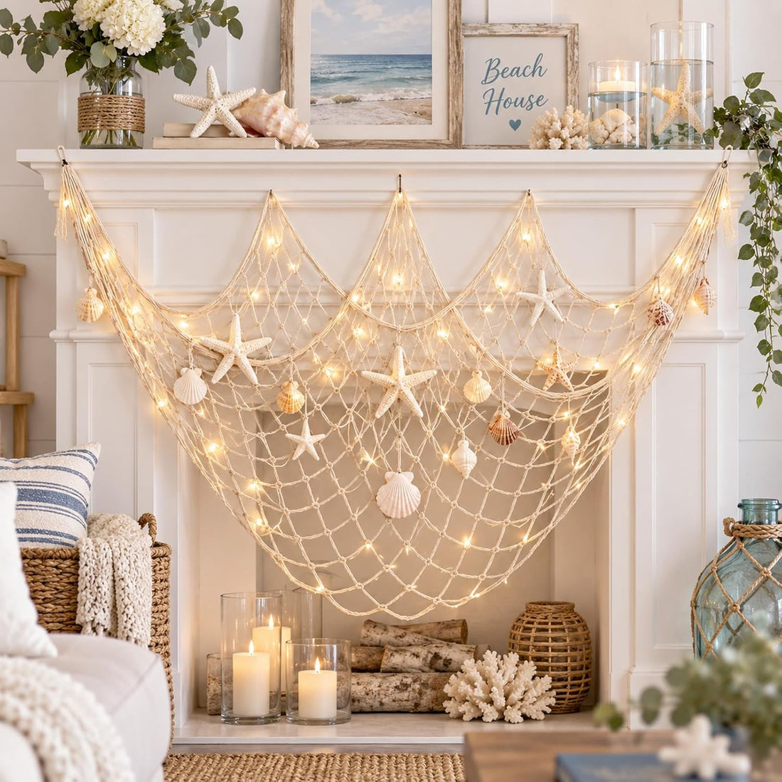 2 Pcs Fish Net Decorations, Natural Cotton Fishing Net Decor