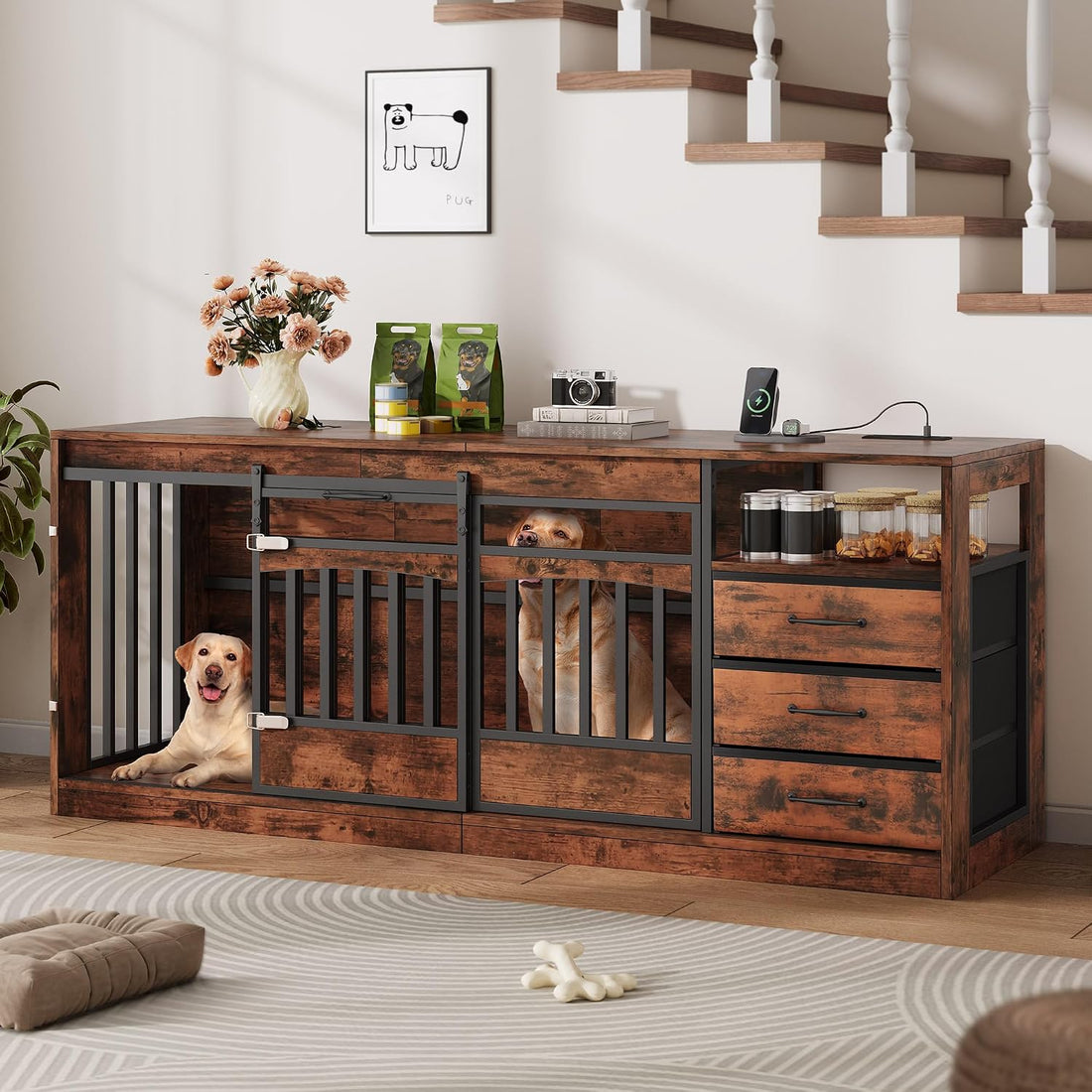 68.9" Double Dog Crate Furniture, Dog Crate for 2 Dogs Brown