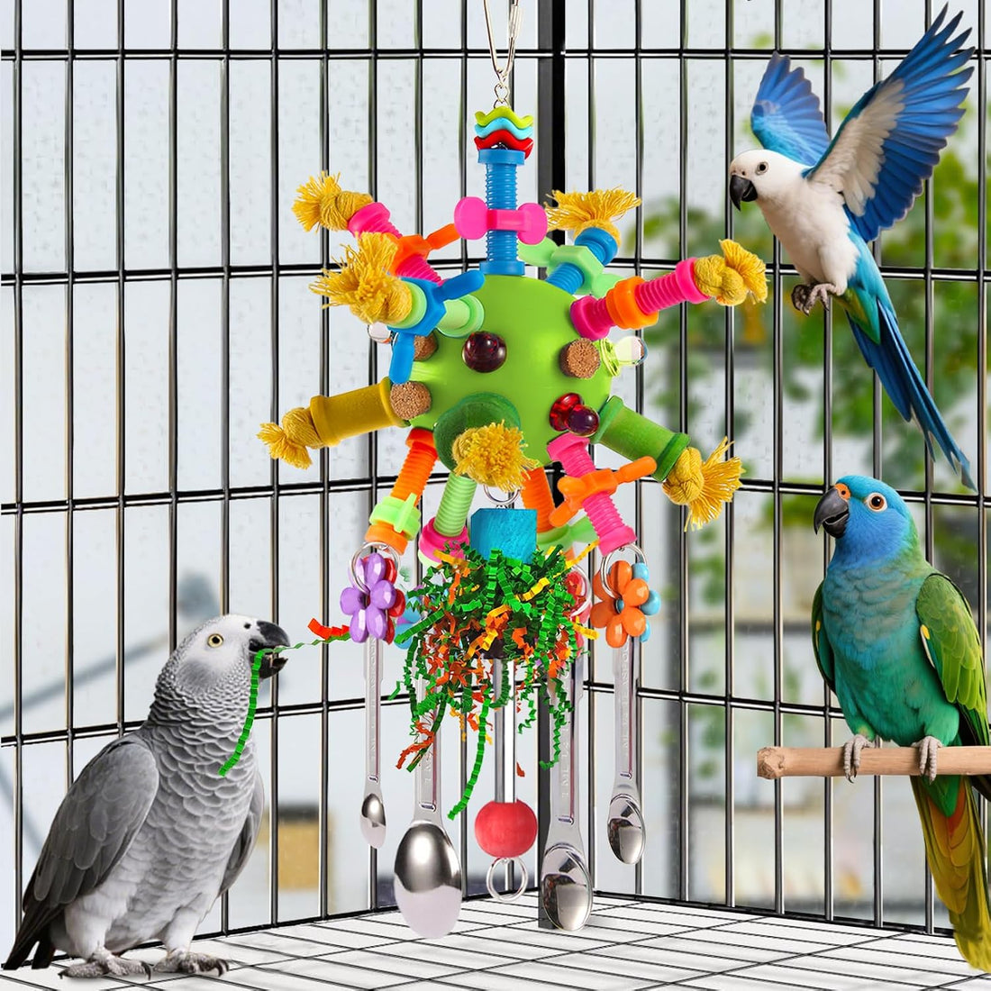 Parrot Toys Bird Toys Perch Pullable Stainless Steel Spoons Colorful