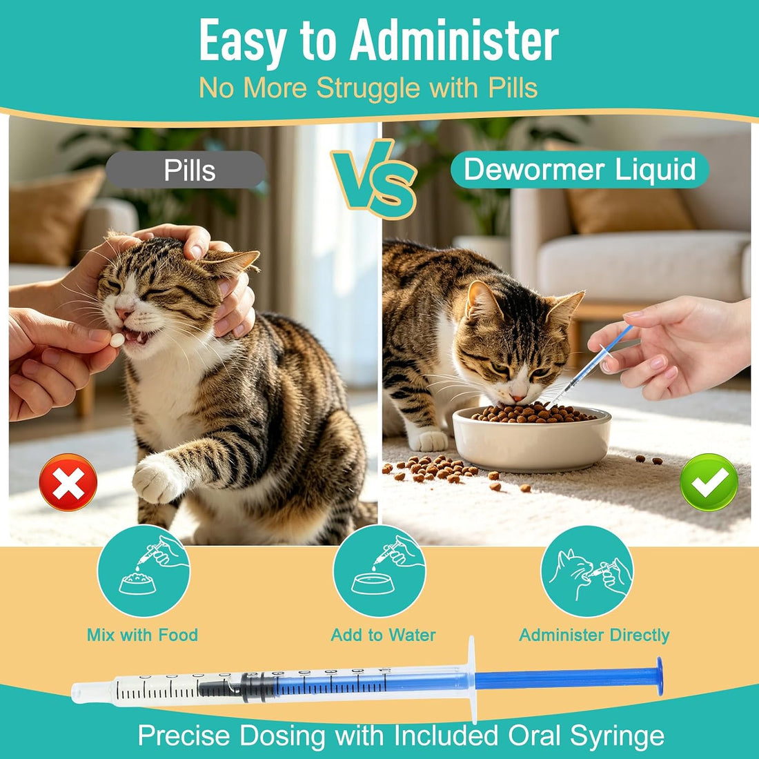 Cat Dewormer Liquid, Triple Dewormer for All Worms