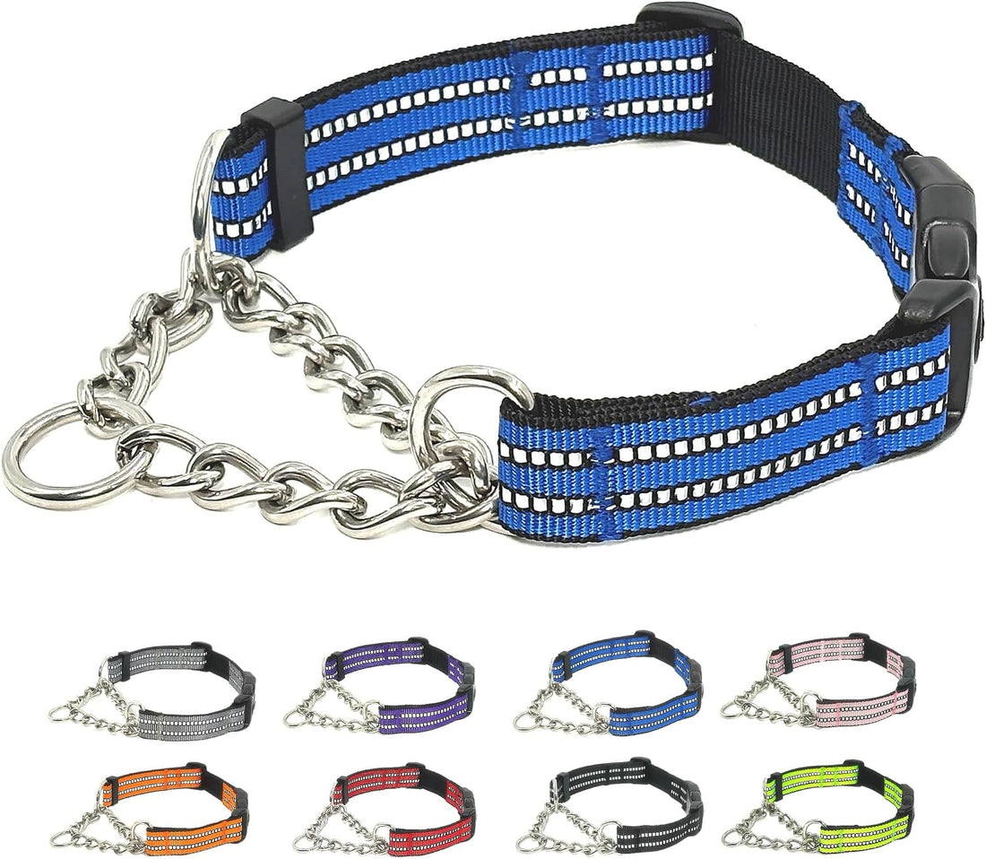 Martingale Collar for Dogs with Chain, Nylon Training Collars, Blue, M