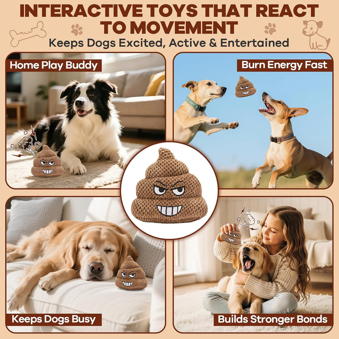 Farting Dog Toys, Funny Poop Plush Dog Toy with Motion-Activated Fart