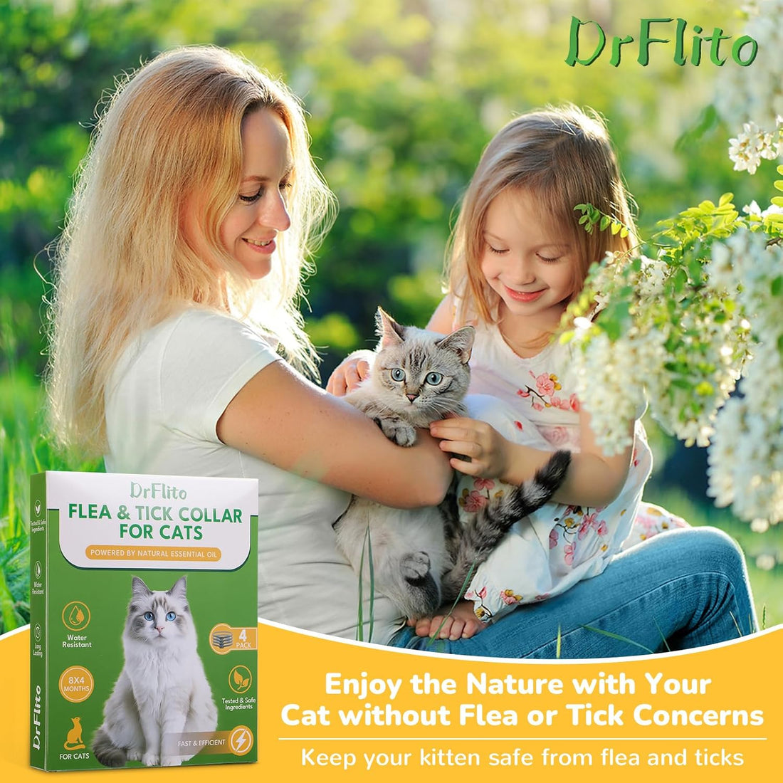 4 Pack Natural Flea Collar for Cats, 32 Months Long Lasting Prevention