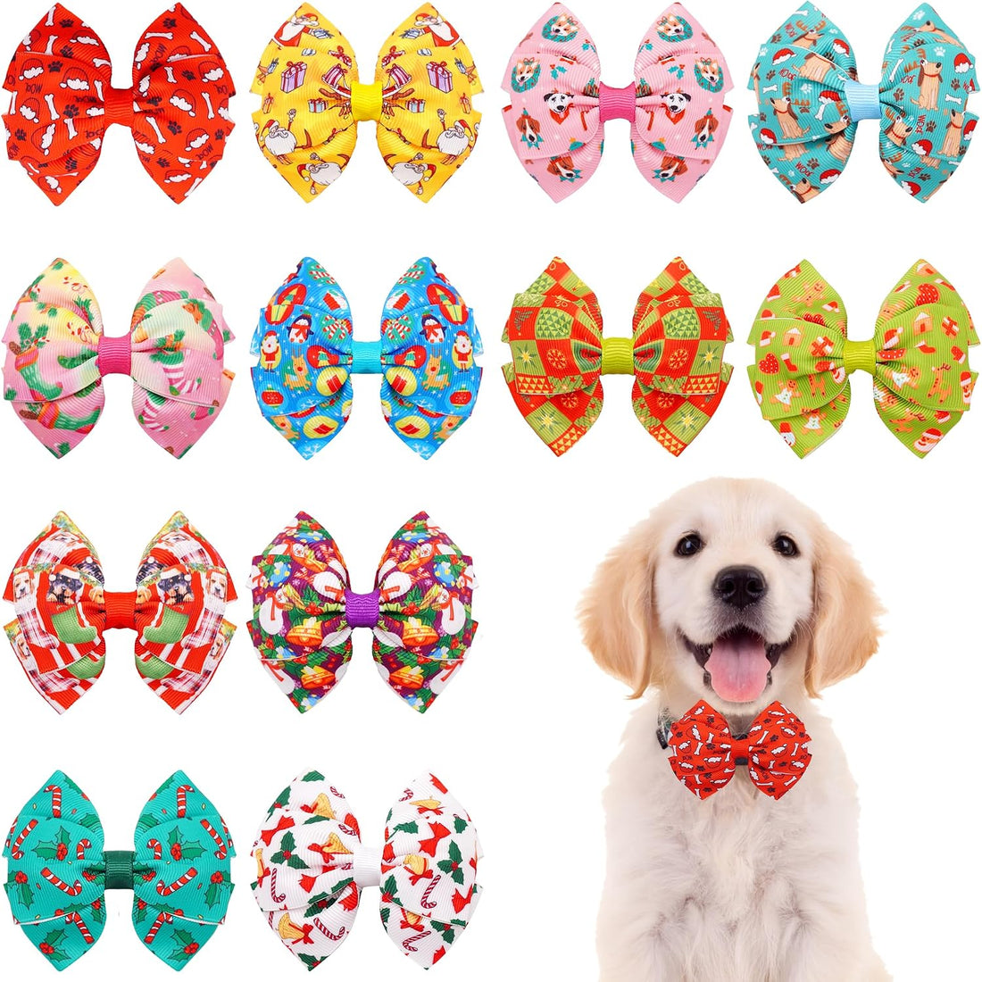 12PCS Christmas Dog Bowties Collar Attachment Sliding for Small