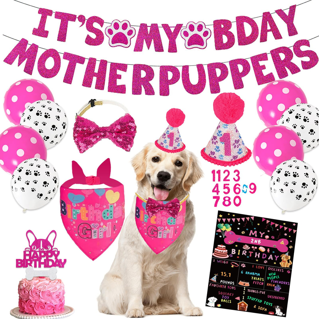 Hot-Pink Dog Birthday Party Supplies Pet Birthday Bandanas Girl Doggy