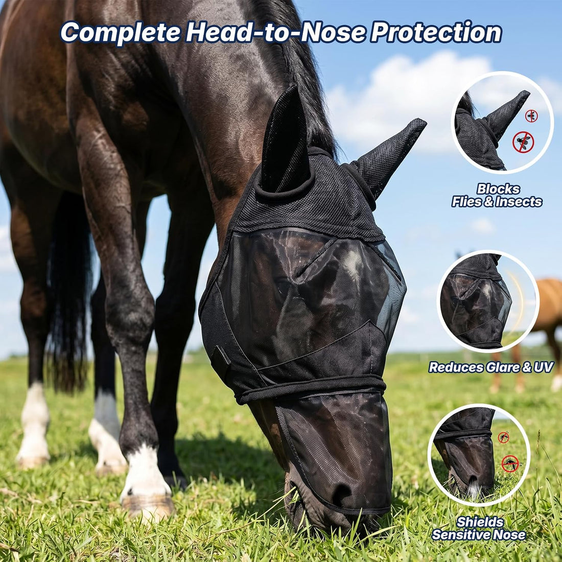 Horse Fly Mask with Ears & Detachab Nose Cover, Medium