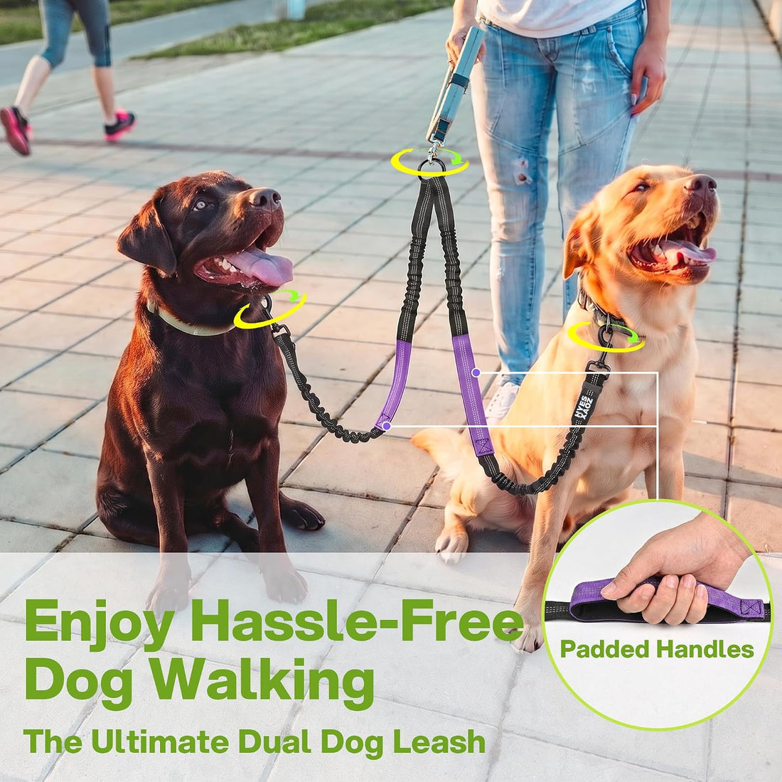 Double Dog Leash No Tangle - Hands Free Lead for 2 Dogs