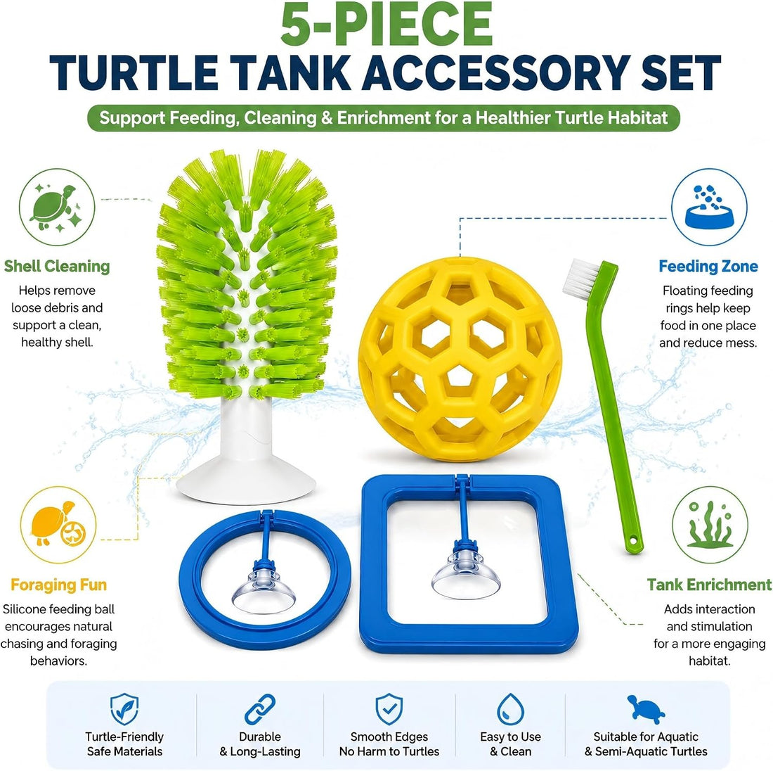 Turtle Brush with Suction Cup, Feeding Rings & Turtle Tank Accessories
