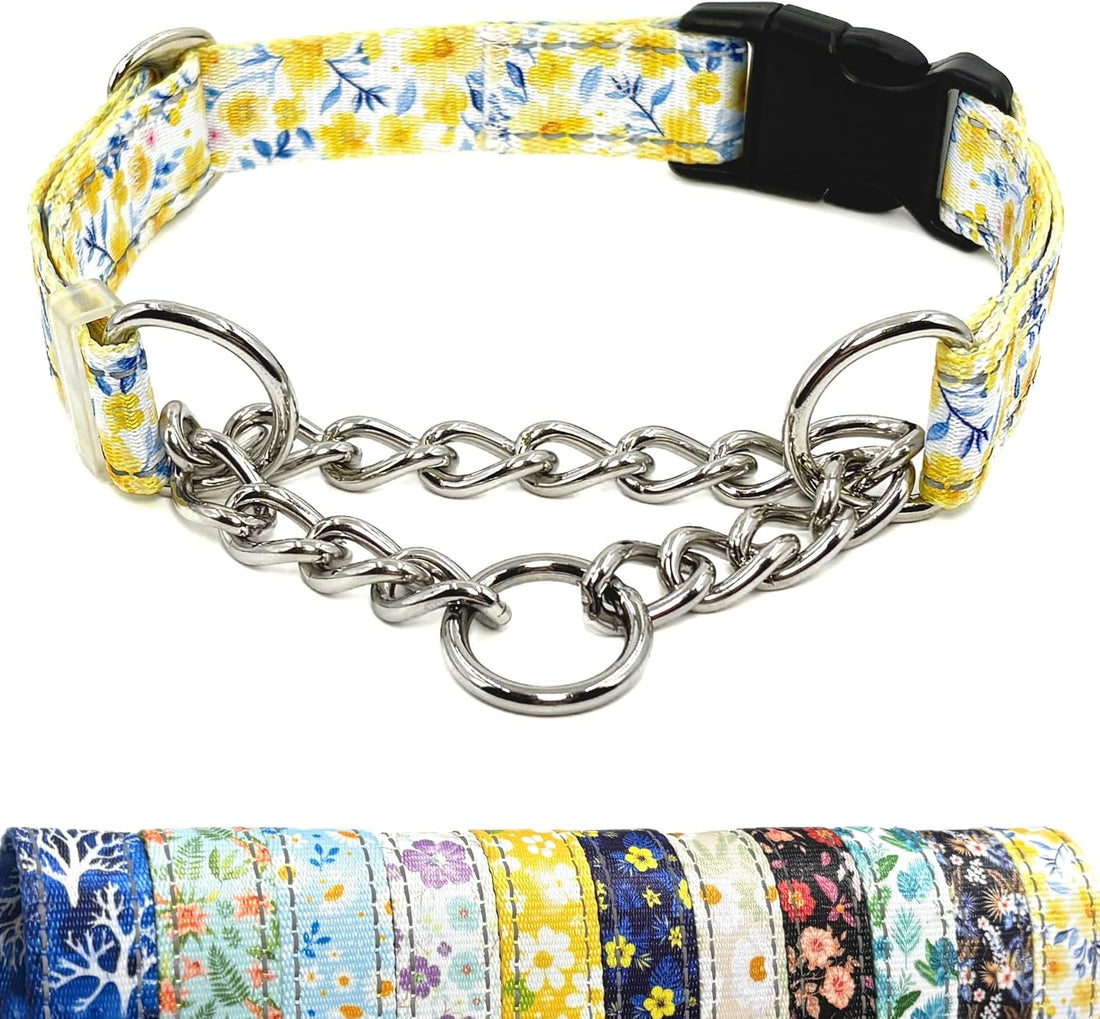 Martingale Dog Collar with Chain, Reflective Nylon Adjustable Collar
