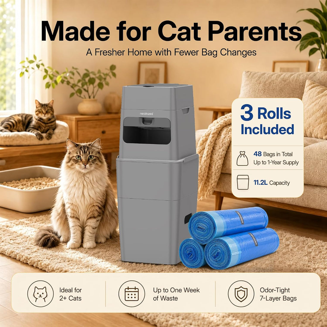 Neakasa 2XL Cat Litter Trash Can for Multi-Cat Homes