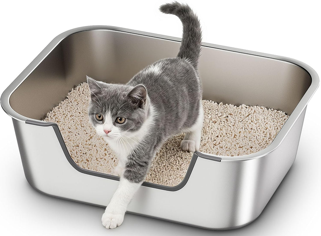 Qiuma Stainless Steel Cat Litter Box with Low Entry