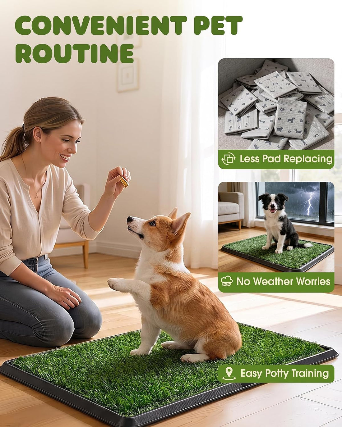 Powools Grass Pad for Dogs Potty, 3-Layer Reusable, Washable