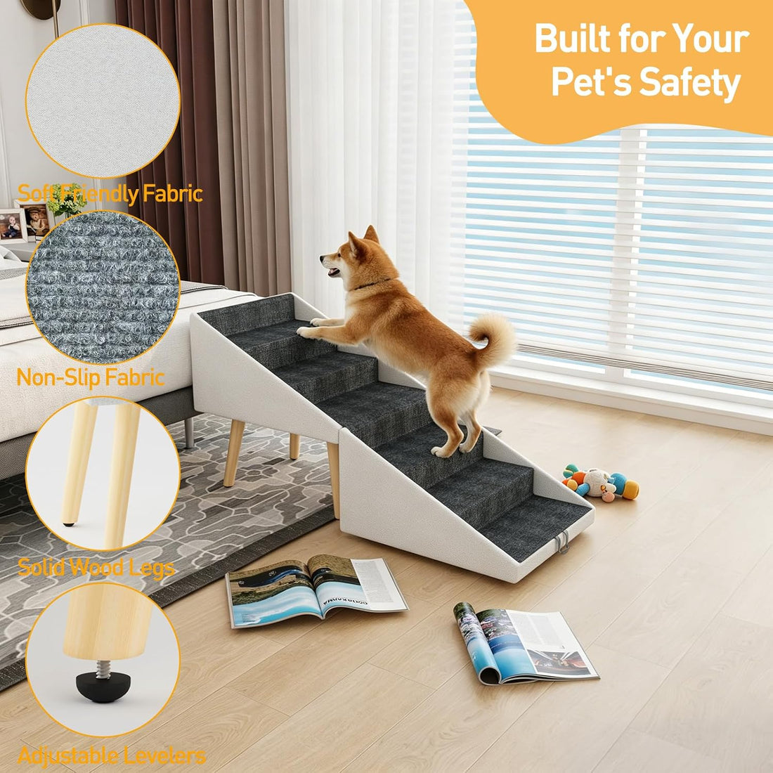 Dog Stairs for High Bed & Couch, 2-in-1 Foldable Ottoman Dog Ramp