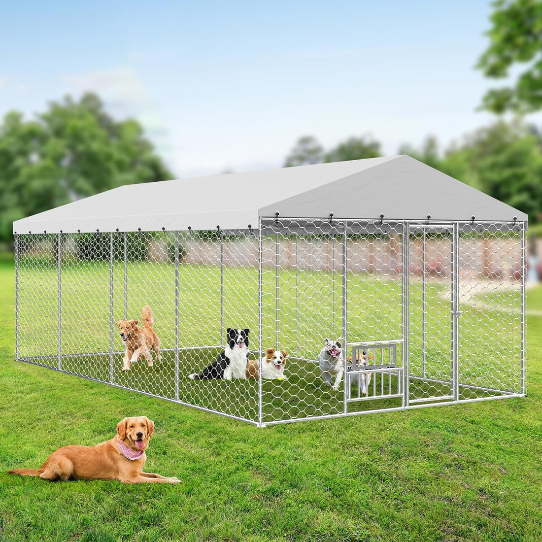 Rovibek 10x10 Ft Dog Kennel Outside, Outdoor Dog Kennel with Roof