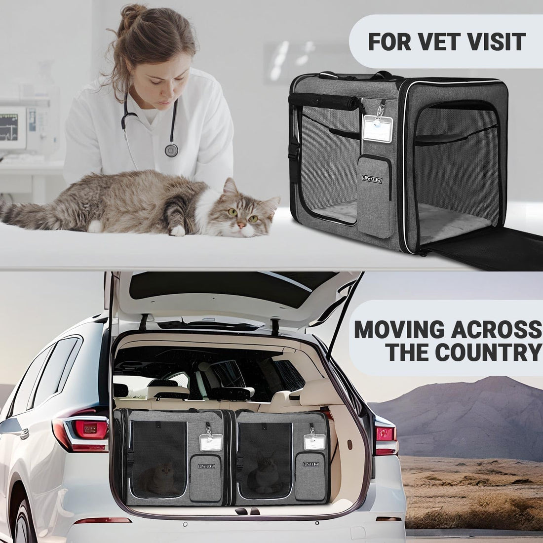 Petskd 2 in 1 Double Cat Car Travel Carrier with Litter Box