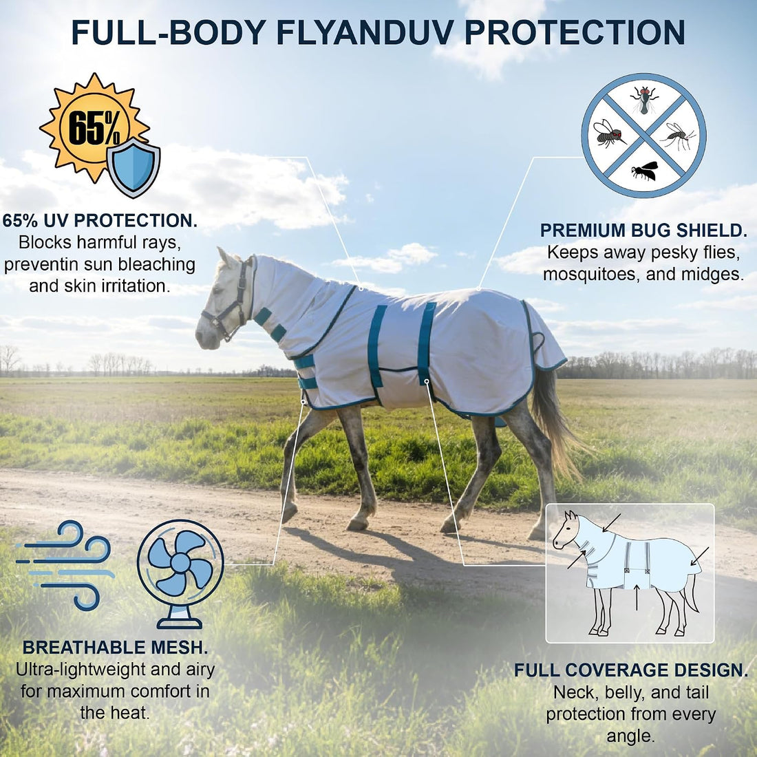 Mini Horse & Pony Mesh Fly Sheet with Neck & Belly Wrap White 46