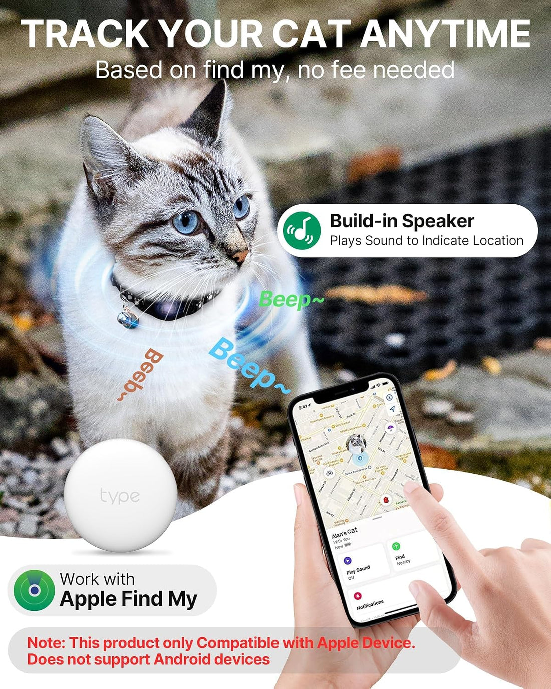 Cat Tracker Collar with Finder Tag - Waterproof Airtag Cat Collar