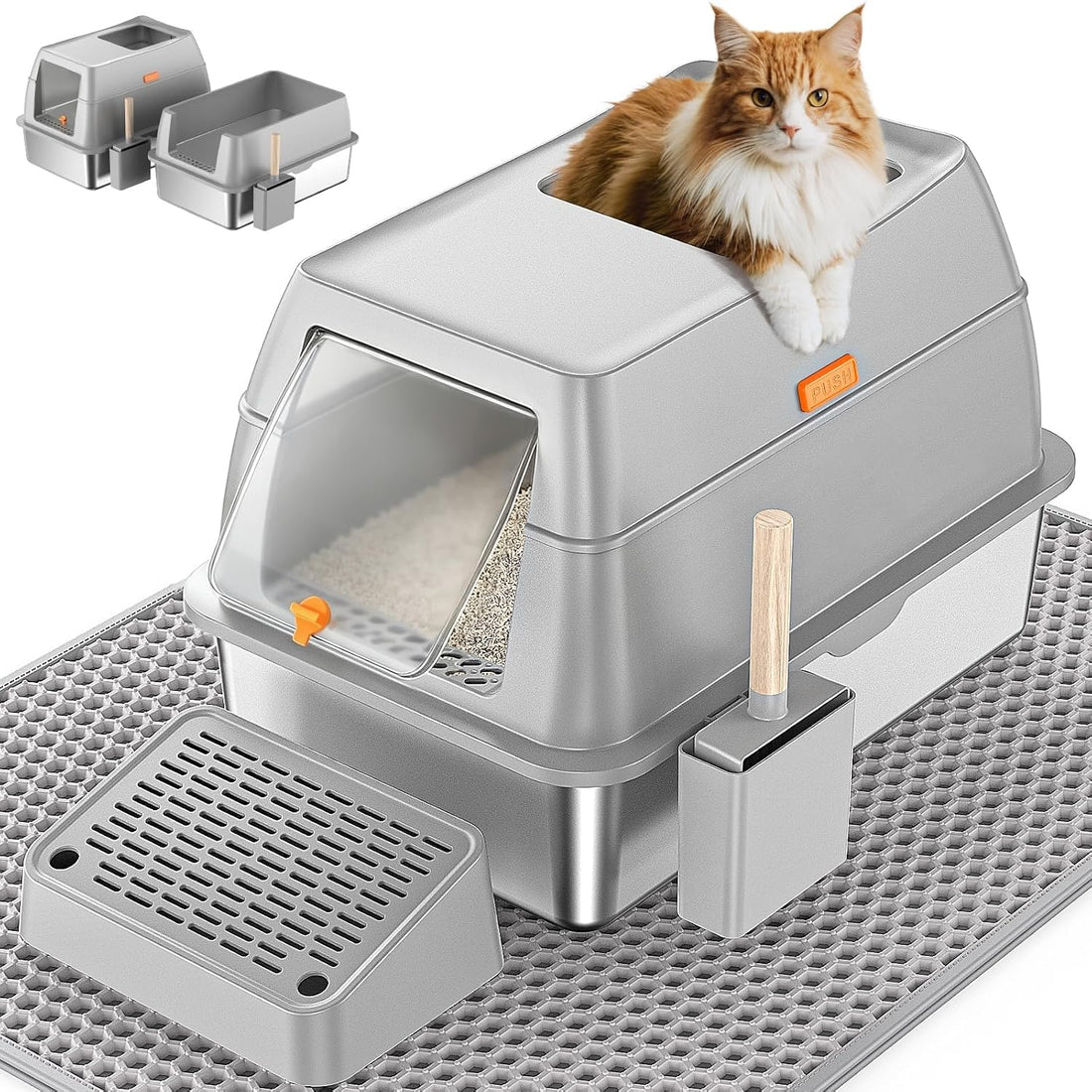 XL Enclosed Stainless Steel Litter Box with Lid Include Pedal Scoop
