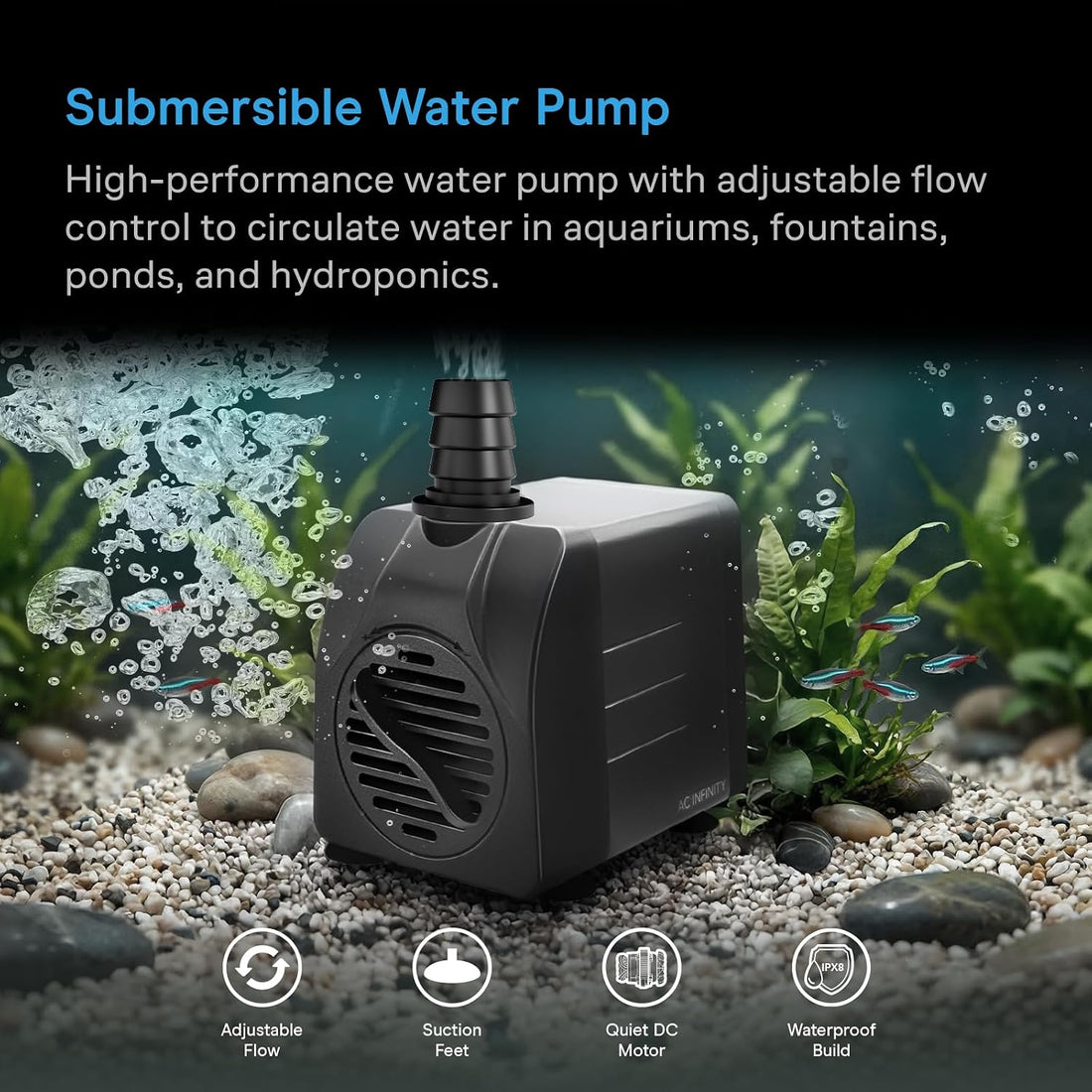 AC Infinity Submersible Pump 220 GPH for Hydroponics