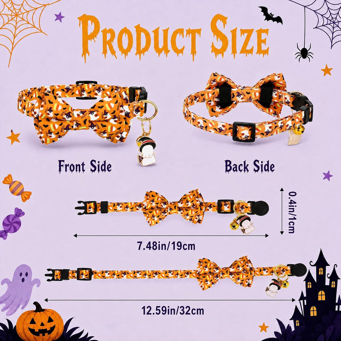 6 Pack Halloween Cat Collar with Bow Tie and Bell Breakaway Cat