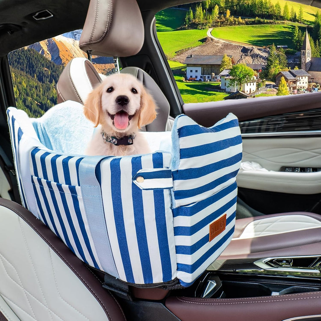 Console Dog Car Seat for Small Dogs to 15lbs (Black& White Stripes)