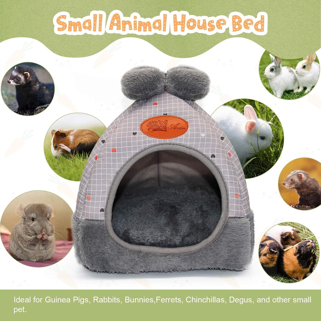 YUEPET Bunny Bed, Rabbit Hideout, Guinea Pig Cave, Grey Grid with Bow