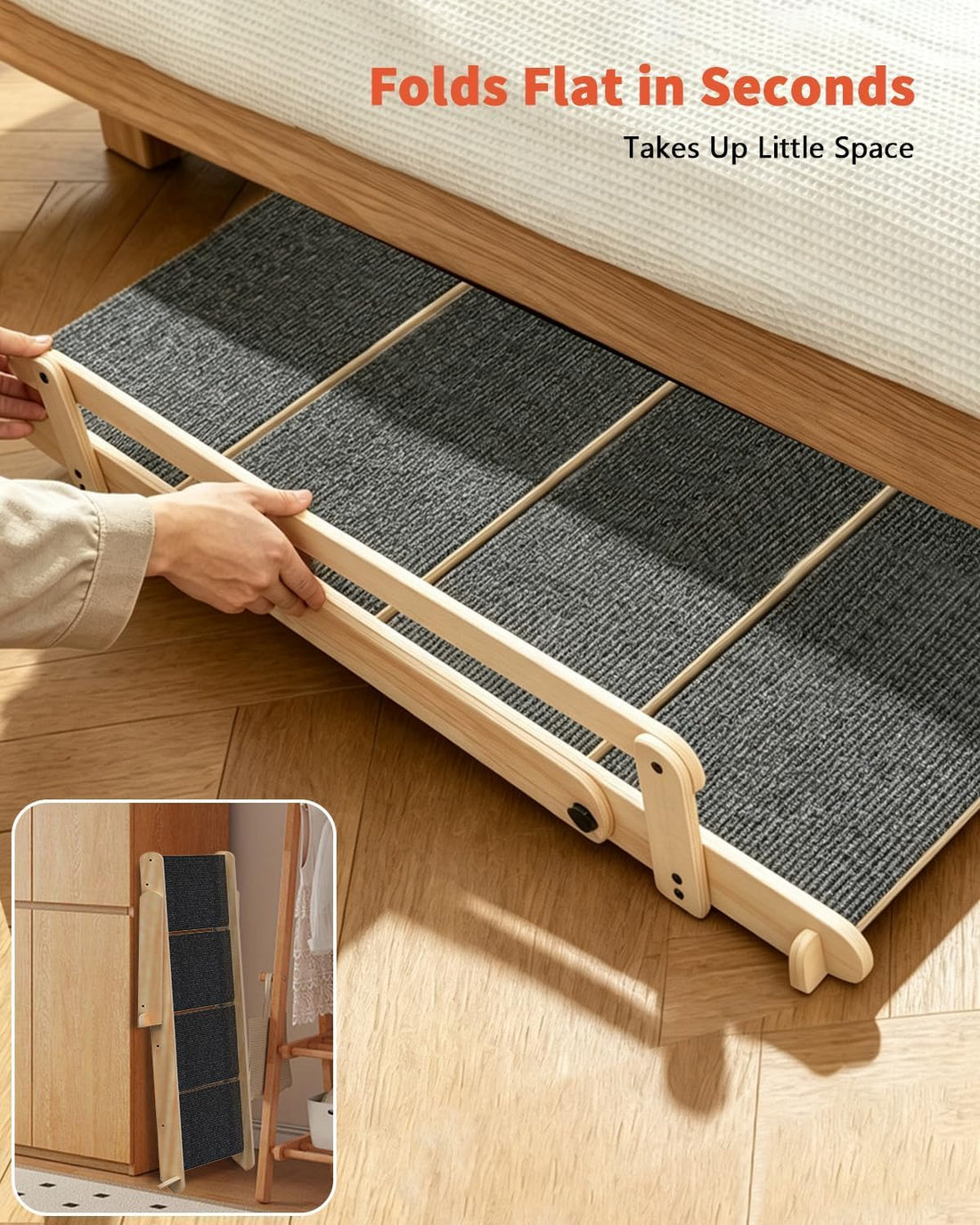Woodure Foldable Dog Stairs, Convertible 4-Step Wooden Dog Ramp