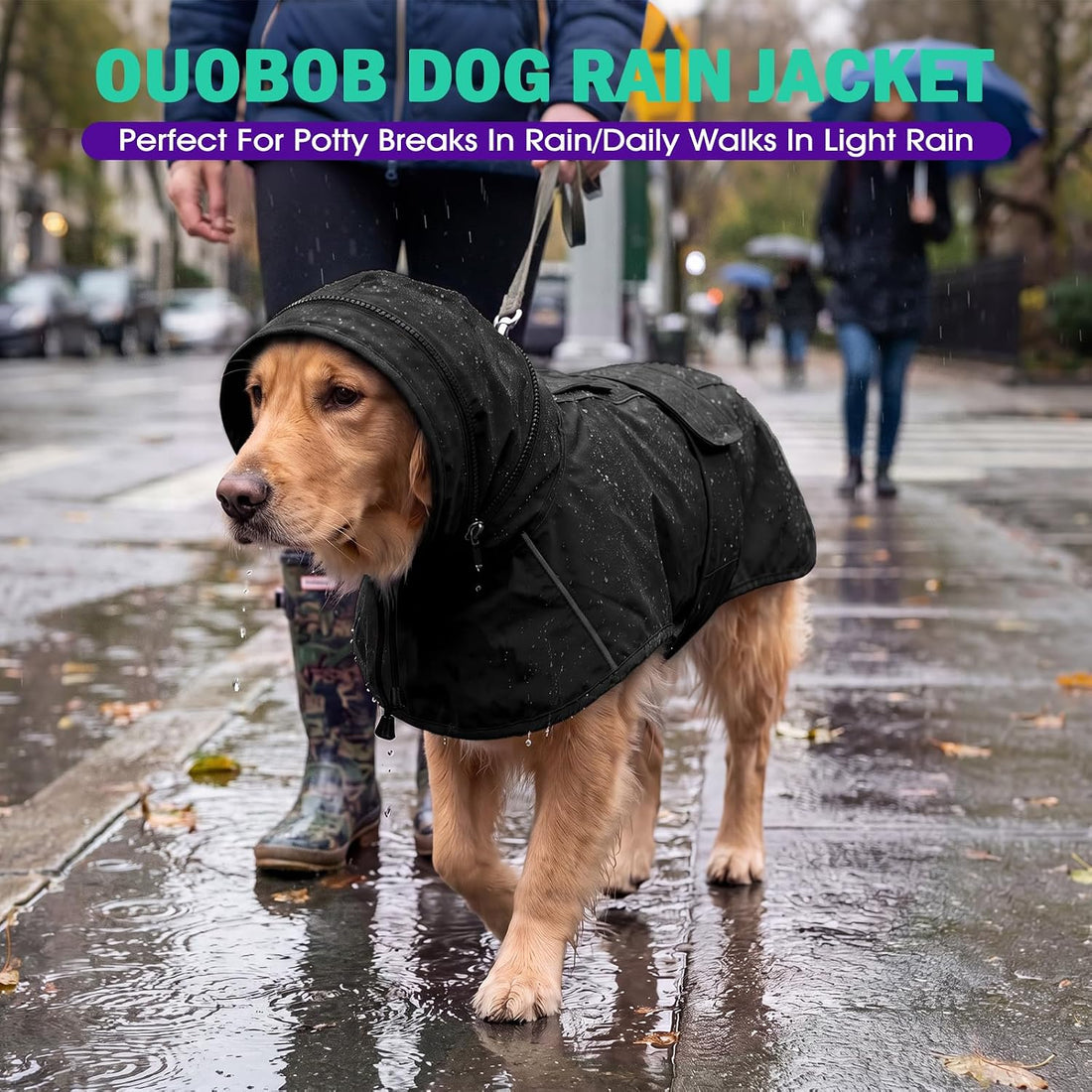 Dog Raincoat, Waterproof Dog Rain Jacket with Hood Black 2XL