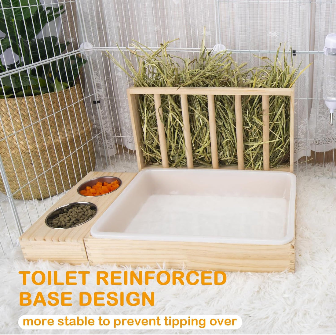 BESNEW 3 in 1 Rabbit Hay Feeder with Litter Box,Wooden Hay Feeder