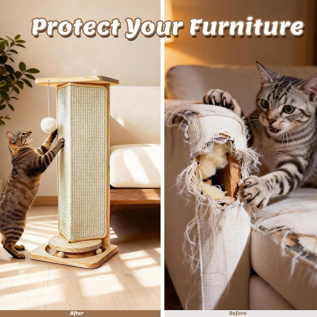 Couch Cat Corner Scratcher with with Interactive Ball Toys, 25''