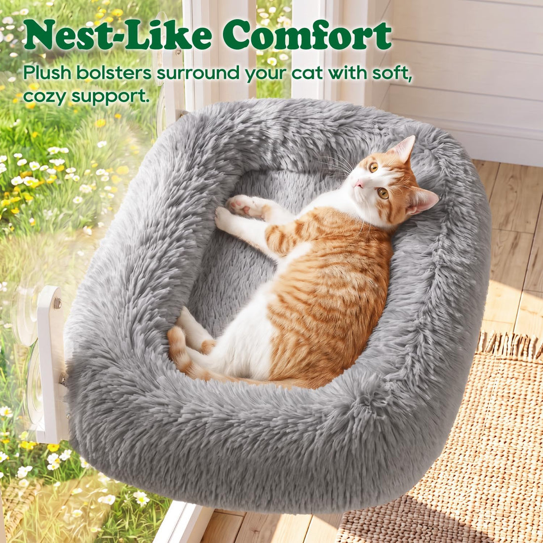 Zakkart Calming Foldable Cat Window Perch, Fluffy Long-Plush Bed