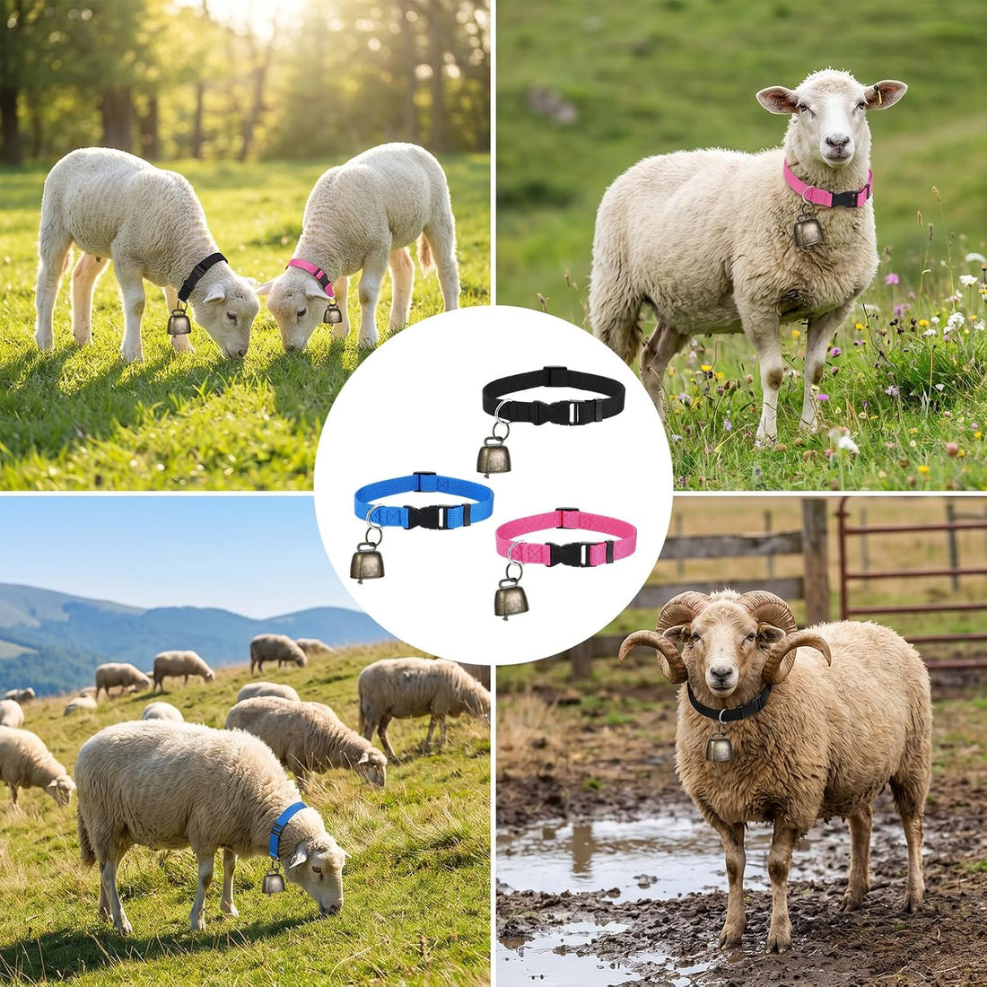 3 Pack Goat Collars with Bells Anti-Lost Adjustable Collar Set
